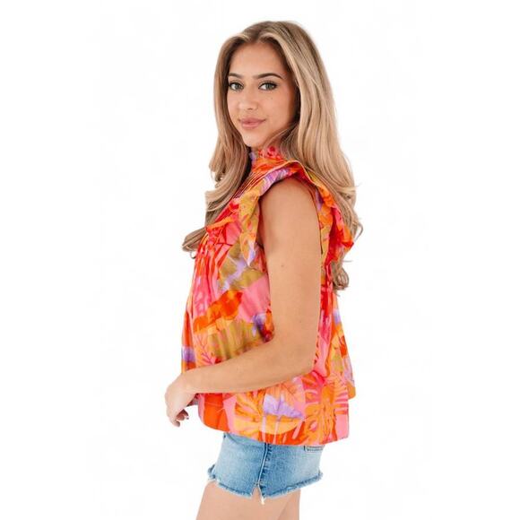 j.marie Eden Sleeveless Pleated Lined Top Pink Floral Mult Large JM3488 NEW NWT - Picture 4 of 5